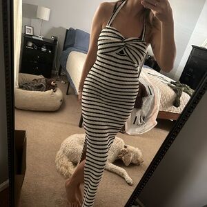 Black and white stripe Halter Maxi Dress.